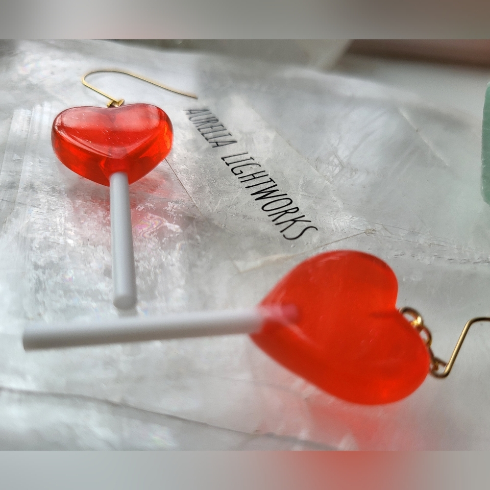 ❤️ Glitter Heart Lollipop Earrings - Red - Picture 2 of 10